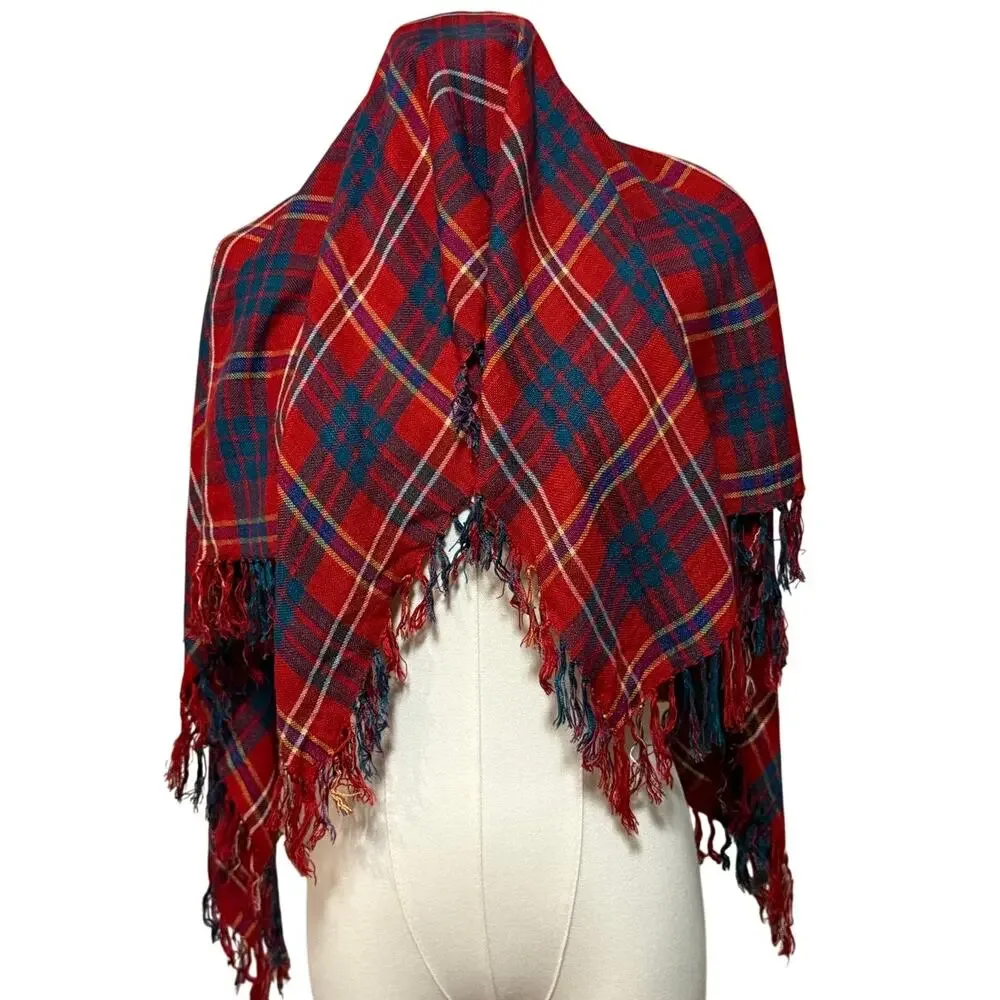 Accessory Institute ™ Red Plaid Scarf Rayon India 30 x 31 fringed Vintage